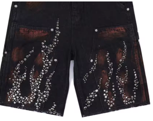 Fire Diamond Denim Shorts Vintage Rhinestone Graphic Short Jeans Men Streetwear Harajuku Hip Hop Shorts - Product Image 5