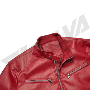 Men's Red Leather Moto <b>Jacket</b> Stand Collar Zipper Closure Slim Fit Autumn Regular Sleeve Solid Color - Product Image 4