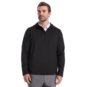 Men's Black Quarter-<b>Zip</b> <b>Hooded</b> Sweatshirt Full Sleeve Solid Knitted Casual Breathable Golf Top - Product Image 1