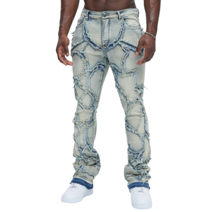 Jean slim déchiré et délavé bleu clair pour homme, taille mi-haute, respirant, style vintage, streetwear décontracté, vente en gros - Product Image 1