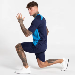 Men's Color Blocking Sporty T-Shirt <b>Set</b> Crew Neck Short Sleeve Quick Dry Summer Workout Clothes Blue Navy Shorts - Product Image 2