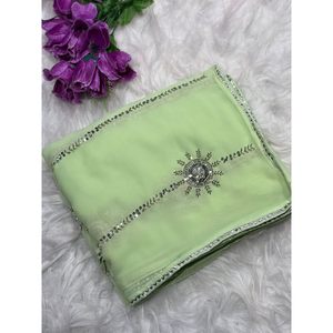 ATTRACTIVE GEORGETTE KHATLI AVEC SEQUENCE TRAVAIL SAREE AVEC CHEMISIER NON COUDU PISTA - Product Image 1