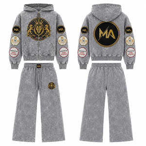 Conjunto Deportivo con Capucha para Hombre, Diseño Patchwork, 100% Algodón, 450 Gsm, Lavado Ácido, Sudadera Casual con Bolsillos y Cordón Ajustable - Product Image 1
