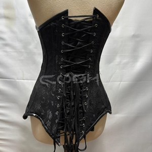 Corset noir en brocart pour femme avec bonnets en cuir véritable cloutés, fermeture éclair sur le devant et bretelles à double boucle - Product Image 5