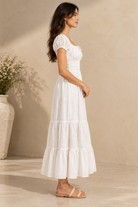 Vestido Maxi de Mujer con Bordado de Ojales Color Marfil, Mangas Abullonadas, 100% Algodón Transpirable, Dobladillo Acampanado, Casual, para Primavera/Verano - Product Image 2