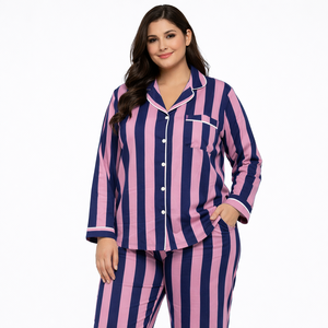Ensemble de pyjama tissé pour femme à rayures verticales florales, printemps-été, en coton, tenue décontractée, chemise et pantalon élégants, séchage rapide, longueur complète - Product Image 1