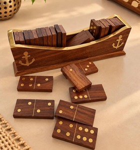 <b>Domino</b> <b>Set</b> Double Six Tiles with Brass Inlay Wooden Box - Product Image 1