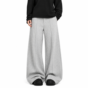 Pantalon large gris pour femme 2026, taille haute élastique, coupe ample, longueur intégrale, couleur unie, en molleton de coton, décontracté, pour l'automne - Product Image 1