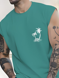 Conjunto de 2 Piezas de Camiseta sin Mangas y Pantalones Cortos de Secado Rápido 100% Algodón, Estilo Vacacional Tropical con Palmeras, para Hombre, Ropa Urbana Diaria de Verano - Product Image 5