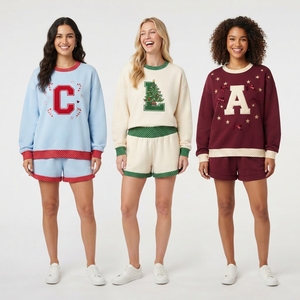 <b>Women's</b> Custom Winter Solid Christmas Sweatshirt and <b>Shorts</b> <b>Long</b> Set Personalized Initial Letter Fleece Pullover - Product Image 1