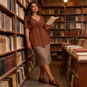 Offre spéciale sur Temu : Blouse tunique décontractée élégante pour femme, grande taille, marron, à nœud torsadé, col en V, manches courtes, ourlet évasé, pour l'été - Product Image 5