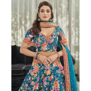 Lehenga choli ชุดแต่งงานทำจากผ้าไหมพิมพ์ลายดอกไม้สีน้ำเงินอมเขียว - Product Image 4