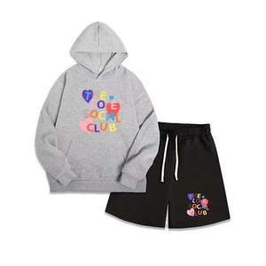ชุดเสื้อฮู้ดดี้และกางเกงขาสั้น The Love Social Club สีเทา-ดำ ผ้าฝ้ายลำลอง สำหรับฤดูใบไม้ร่วง เสื้อคลุมผู้ชาย ลายถักพิมพ์ด้านหน้า - Product Image 4