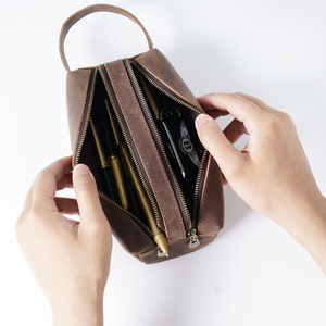 Trousse de Toilette en Cuir Crazy Horse à Double Fermeture Éclair pour Hommes et Femmes - Product Image 4