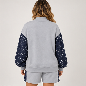 Conjunto Deportivo Informal Personalizado de 2 Piezas para Mujer, con Mangas con Estampado de Lunares en Gris Claro y Cuello Alto Simulado - Product Image 2