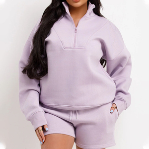 Conjunto de Sudadera Lavanda de Talla Grande para Mujer con Cierre de Cremallera, Color Sólido, Ajuste Holgado Informal, Manga Larga y Pantalones Cortos para Primavera - Product Image 1