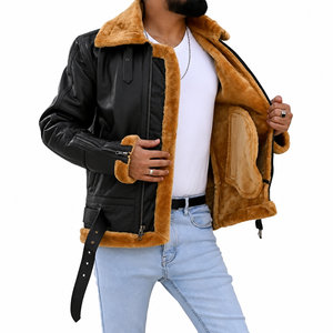 <b>Men's</b> Genuine Leather Aviator <b>Jacket</b> with <b>Shearling</b> Faux Fur Lining Heated Zipper Closure Winter Moto Biker Style Windproof Coat - Product Image 5