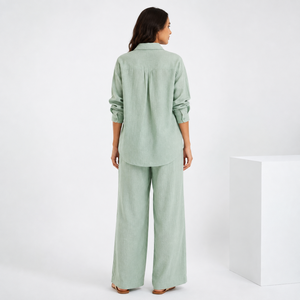 Ensemble coordonné deux pièces pour femmes, chemise à manches longues boutonnée, pantalon large, tenue décontractée légère |   Ensembles décontractés pour tous les jours - Product Image 3
