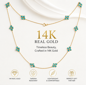 Collier floral en turquoise naturelle en or jaune massif 14 carats – Chaîne longue avec fleur quadrilobe sertie clos – Luxe - Product Image 4