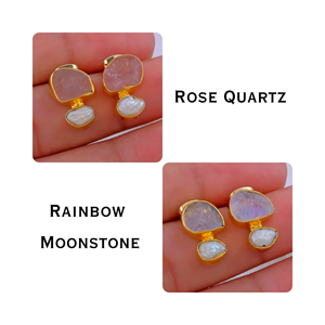 October Birthstone Rose Quartz with Pearl <b>Stud</b> <b>Earrings</b> Gold Plated Brass Channel <b>Set</b> Raw Trendy Women's Jewelry - Product Image 2