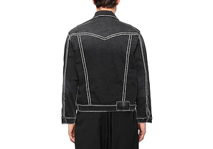 Men's Black <b>Denim</b> <b>Jacket</b> With White Stitching Turn-down Collar Casual Style Single Breasted Regular Fit Autumn Wear - Product Image 4