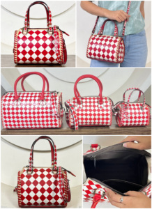 Hot Selling Factory Price Stylish Red & White Checkered Speedy Duffel <b>Bags</b> Crossbody <b>Women</b> Fashion Overnight <b>Weekender</b> Handbags - Product Image 3