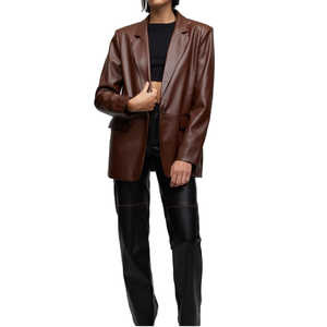 Blazer en cuir d'agneau véritable pour femme, col rabattu à un bouton, manches longues - Product Image 2