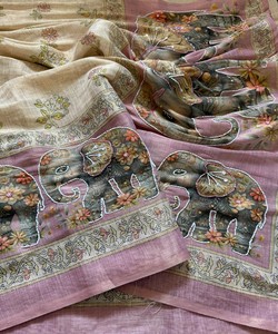 Sari en soie dessiné à la main avec imprimé éléphant et bordure rose, tenue de mariage indienne traditionnelle pour femmes VT-860 85649 - Product Image 3