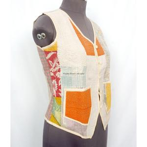 Elegant Handmade Breathable Cotton <b>Kantha</b> V-Neck Women's Waistcoat Winter Short <b>Jacket</b> Vest Embroidered Back Logo Vintage - Product Image 3