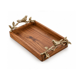 Plateau de service de luxe en bois de noyer artisanal avec poignées en laiton motif fleur de cerisier, plateau décoratif botanique pour salon - Product Image 4
