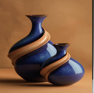 Vase en céramique d'artisanat artisanal en terre cuite avec motifs de plumes de paon peints à la main. Disponible à prix de gros. - Product Image 3