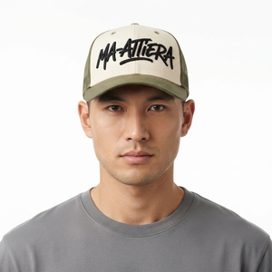 Gorra Trucker Color Crema Oliva para Hombre, Logotipo Bordado Personalizado, Malla Trasera, Cierre a Presión, Gorra de Béisbol - Product Image 1
