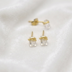 Wire Wrapped Sapphire Baguette <b>Stud</b> <b>Earrings</b> Gold Plated Brass Minimalist Women's Jewelry - Product Image 3