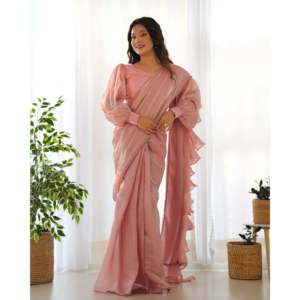 Hermoso Saree Rosa XS con Mangas Abullonadas y Cuello en V, 100% Poliéster con Bordado de Encaje para Fiestas - Product Image 2