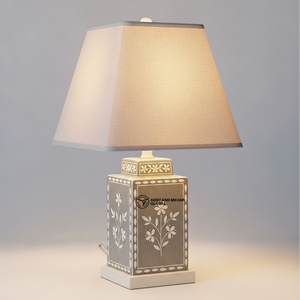 Handmade Bone Inlay <b>Table</b> Lamp with Fabric Shade | Elegant Floral <b>Bedside</b> Lighting Decor - Product Image 1