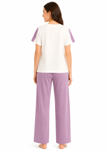 Women's <b>White</b> Lavender Bow Night Suit Spandex/Nylon Blend Half Sleeve T Shirt Relaxed Fit Pajama Pants Two <b>Piece</b> Summer - Product Image 3