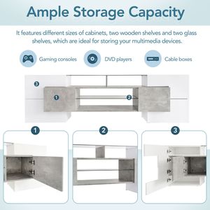 Versatile ON-TREND 88\" Grey Living Room <b>TV</b> <b>Stand</b> 2 Illuminated <b>Glass</b> Shelves Unique Shape Entertainment Center Featuring High - Product Image 6
