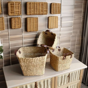 Economically Priced Handwoven Water Hyacinth Storage <b>Basket</b> Handle for Bedroom Living Room Bathroom Organization <b>Woven</b> <b>Baskets</b> - Product Image 1