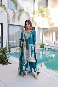 Latest <b>Women</b> <b>Wedding</b> Wear Fendy Silk with Codding Sequins Embroidered Work Salwar Kameez <b>Suit</b> with Lace Border Dupatta Dress - Product Image 4