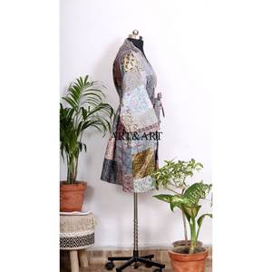 Nouvelle arrivée : Robe kimono vintage en soie patchwork Kantha, peignoir recyclé avec ceinture, vêtement de nuit pour femmes - Product Image 5
