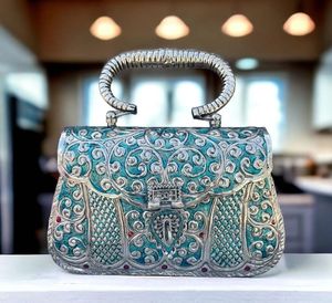 Handcrafted Metal <b>Clutch</b> Bag With Diamond Lattice Pattern And Beading Elegant Evening Party Handbag - Product Image 2