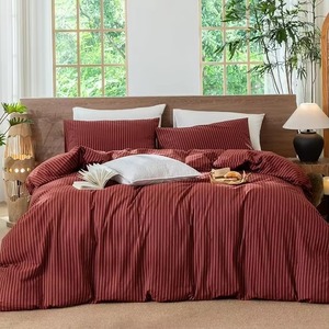 Modern Striped Red Comforter Set 4pcs Soft Linen <b>Bedding</b> with Pillowcases - Product Image 1