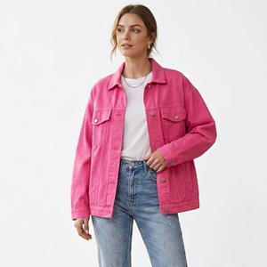 Men's Pink Denim <b>Jacket</b> Regular Fit Solid Color Button Closure Casual Style Autumn Wear - Product Image 2
