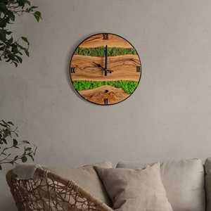 Olive Wood Wall Clock with Metal Frame Handmade Preserved Moss Panel Rustic Natural Wall Accent Housewarming Gift - Product Image 2