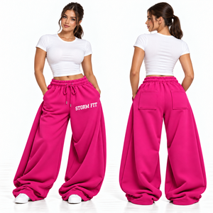 Women's Champagne Wide Leg Customized Fleece Cargo Pants Mid <b>Waist</b> <b>Elastic</b> Drawstring Regular Fit Full Length Streetwear <b>Trouser</b> - Product Image 6