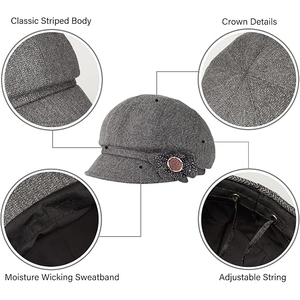 Casquette Gavroche Grise en Laine pour Femme avec Bouton Brodé Fleur Style Anglais Chapeau Décontracté Respirant avec Ruban et Cordon pour l'Hiver - Product Image 5
