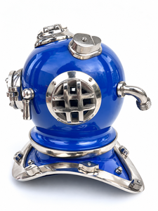 Casco de Buceo Azul Vintage, Escultura Decorativa Náutica, Casco de Buzo de Aguas Profundas con Acabado Plateado, Decoración para el Hogar, Oficina, Bar, Estilo Náutico - Product Image 1