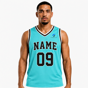 Camiseta de Baloncesto Personalizada para Hombre, Color Turquesa, Cuello en V, Sin Mangas, Impresión Sublimada con Nombre y Número 09, Corte Regular, Malla de Secado Rápido - Product Image 1