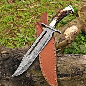 Couteaux de chasse Bowie en acier Damas faits à la main, personnalisés OEM/ODM, avec lame pointue et étui en cuir – Vente en gros - Product Image 3