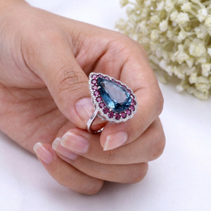 Anillo de Boda de Plata de Ley 925 con Topacio Azul de Londres Natural en Forma de Pera, Granate y Diamantes, Certificado por IGI, de Memoria Jewels - Product Image 4